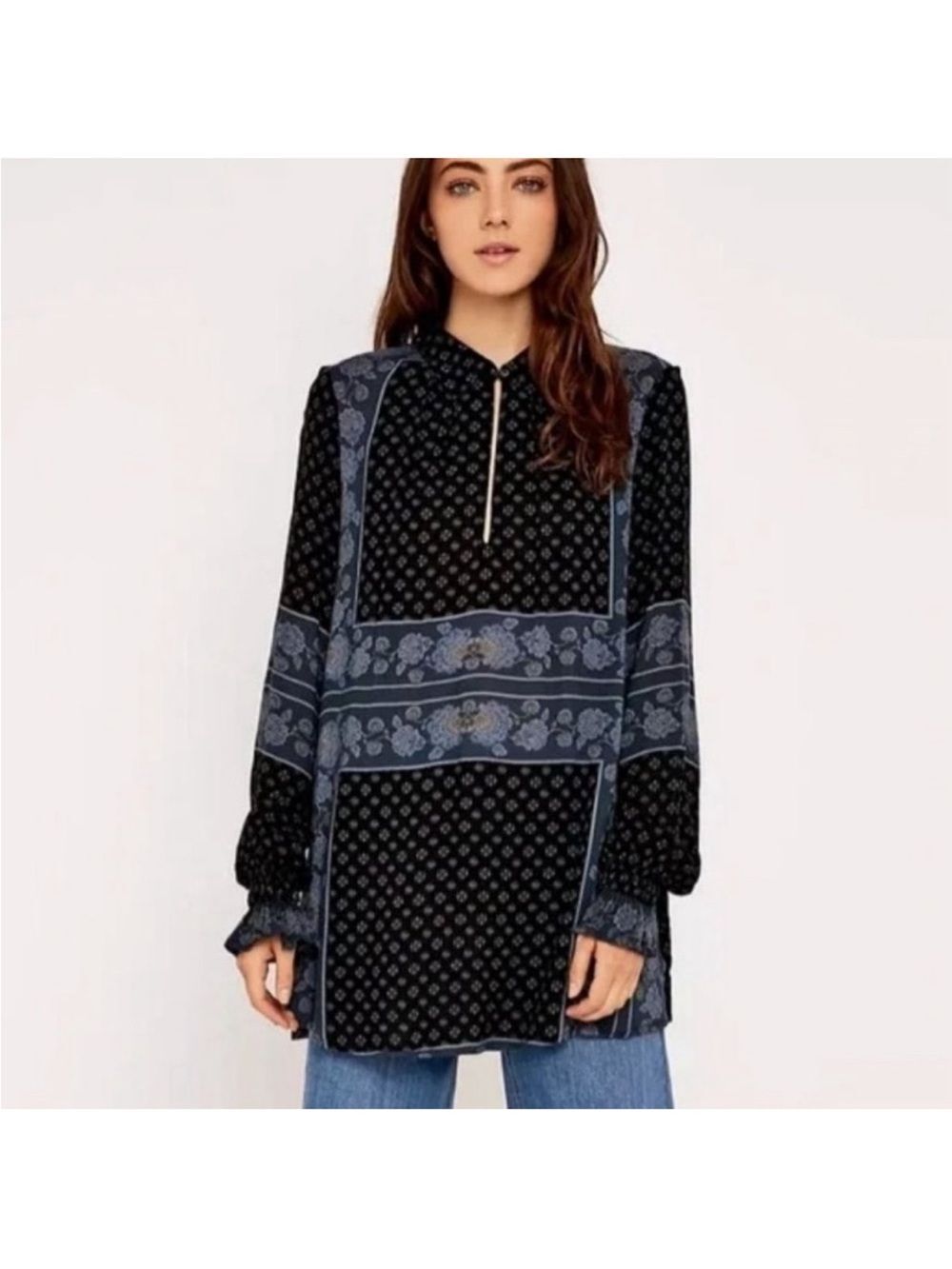 Free People Dobby Changing Times Blue Design Tunic Top Bohemian Cottagecore